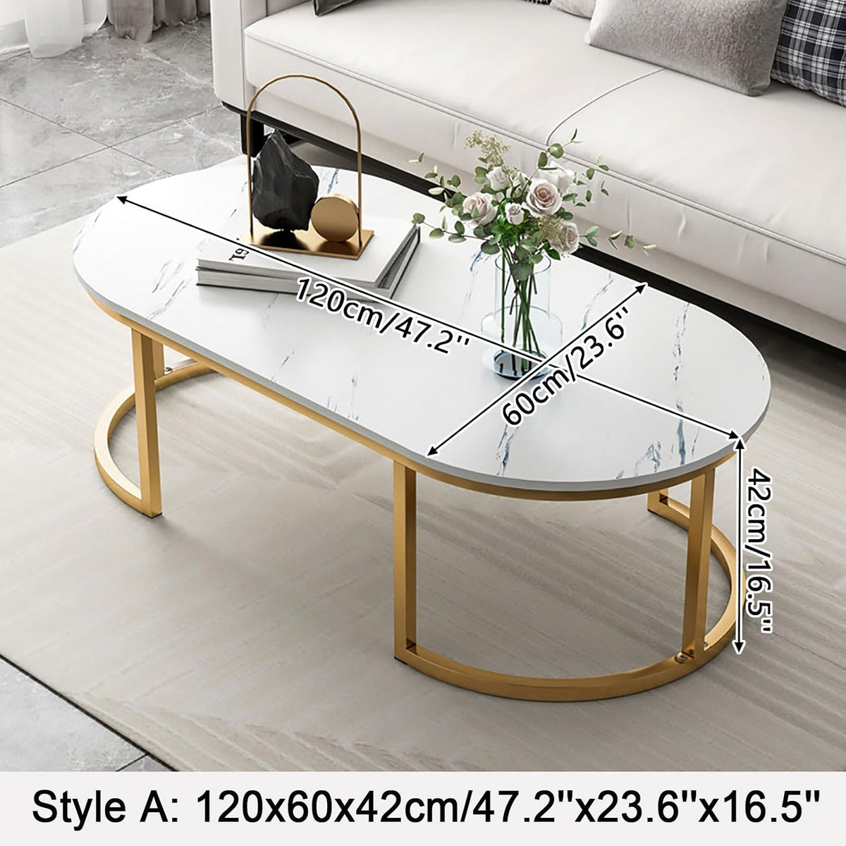 Masuta de cafea ovala, minimalista, design nordic, aspect marmura alba, 120 x 60 x 45 cm