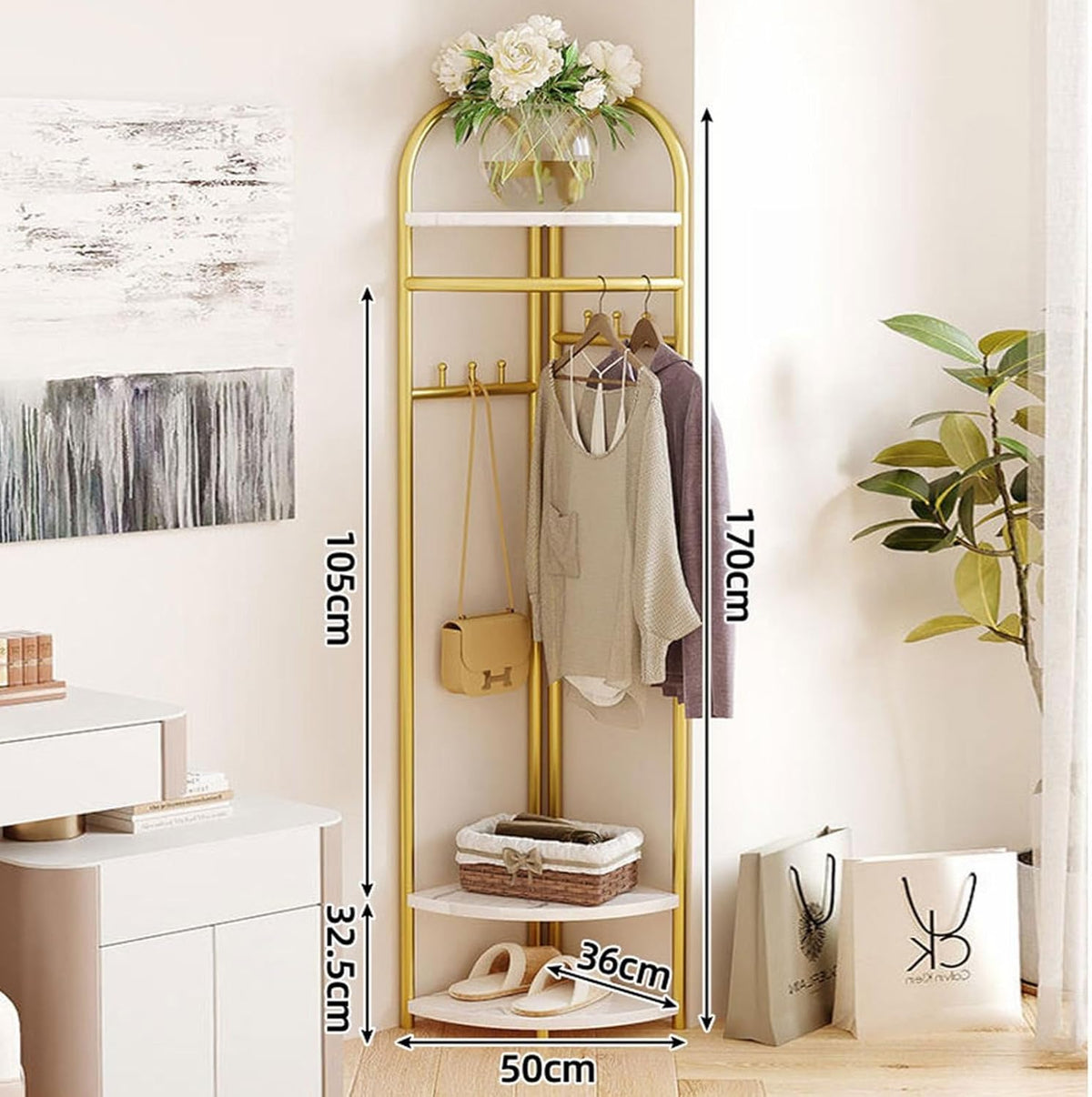 Cuier de colt, Metalic Auriu, cu Blaturi din MDF, 3 Rafturi, 6 Carlige, Inaltime 170 cm