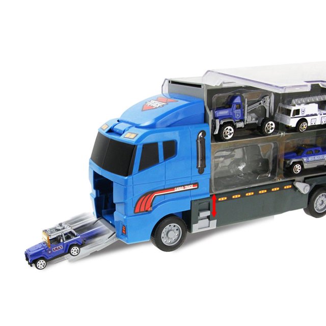Camion Transport Masini Politie cu 6 Masinute Metalice Lansator Rampa si Compartimente Jucarie Copii