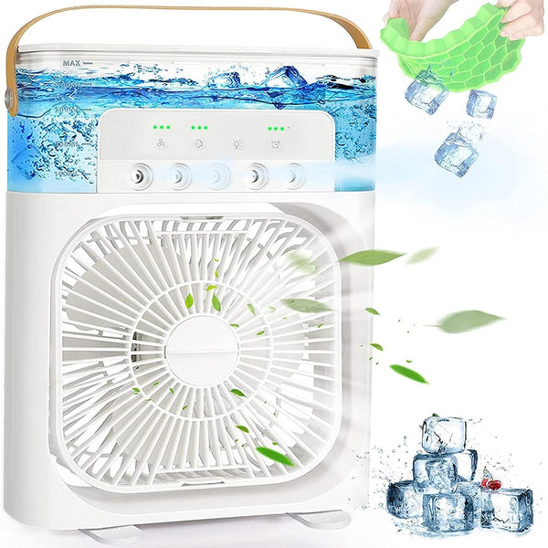 Ventilator portabil 3 în 1 cu pulverizare: racorire, umidificare și iluminare în 7 culori