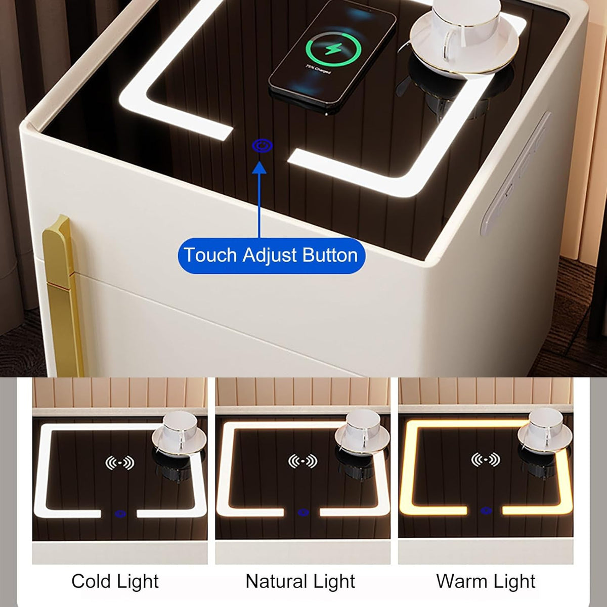Noptiera cu statie de incarcare, seif ascuns si iluminare LED, Boxe incorporate, reglabila 3 culori pentru dormitor si living