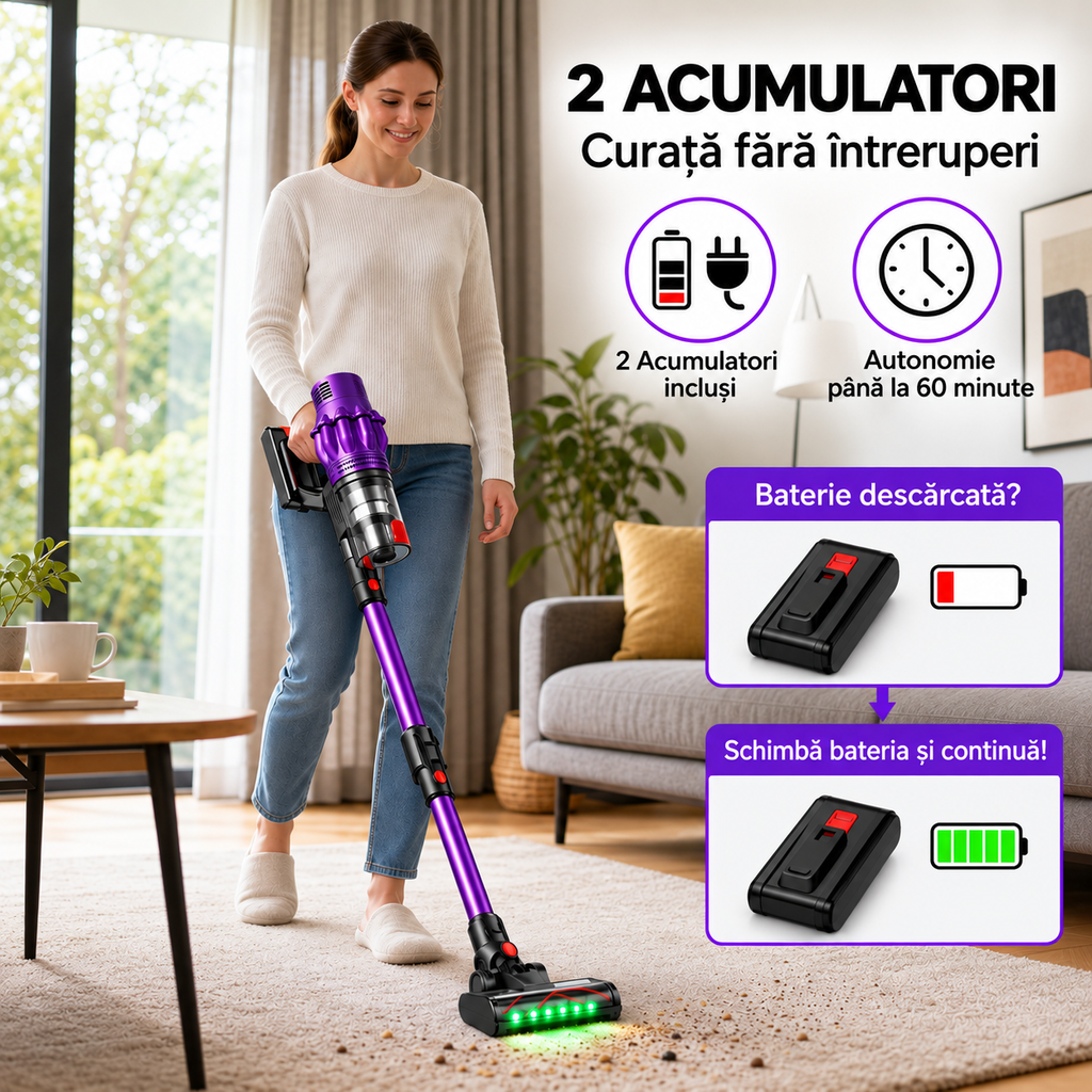 Aspirator Vertical Fara Fir 650W 48 kPa Autonomie 60 Minute 2 Acumulatori Mov - detaliu produs