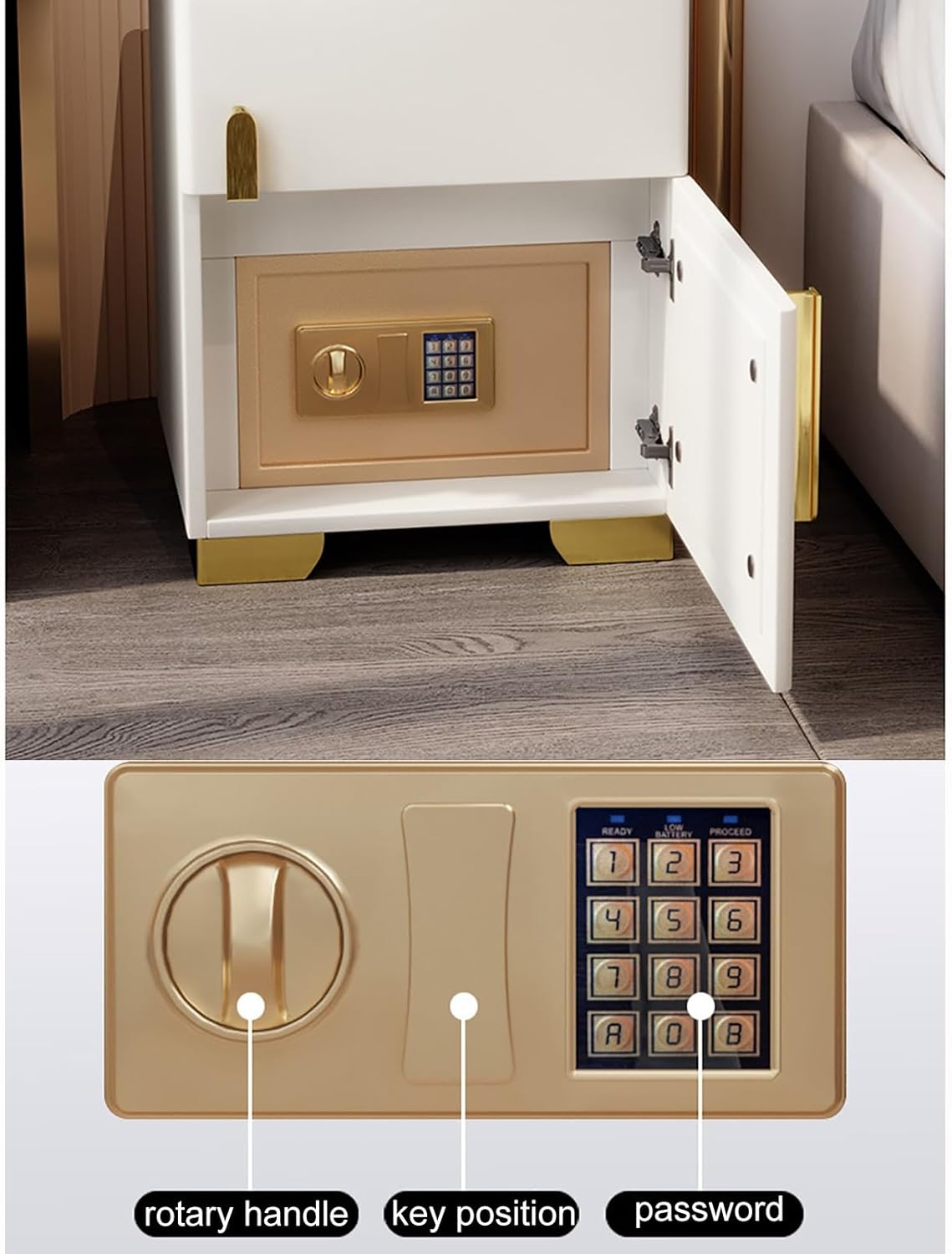 Noptiera cu statie de incarcare, seif ascuns si iluminare LED, Boxe incorporate, reglabila 3 culori pentru dormitor si living