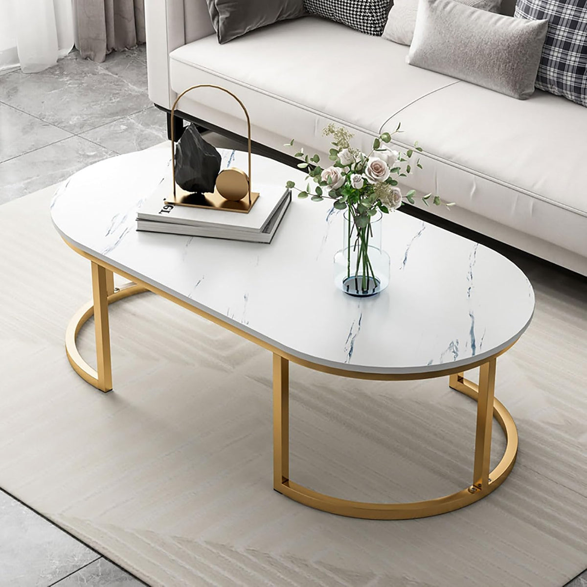 Masuta de cafea ovala, minimalista, design nordic, aspect marmura alba, 120 x 60 x 45 cm