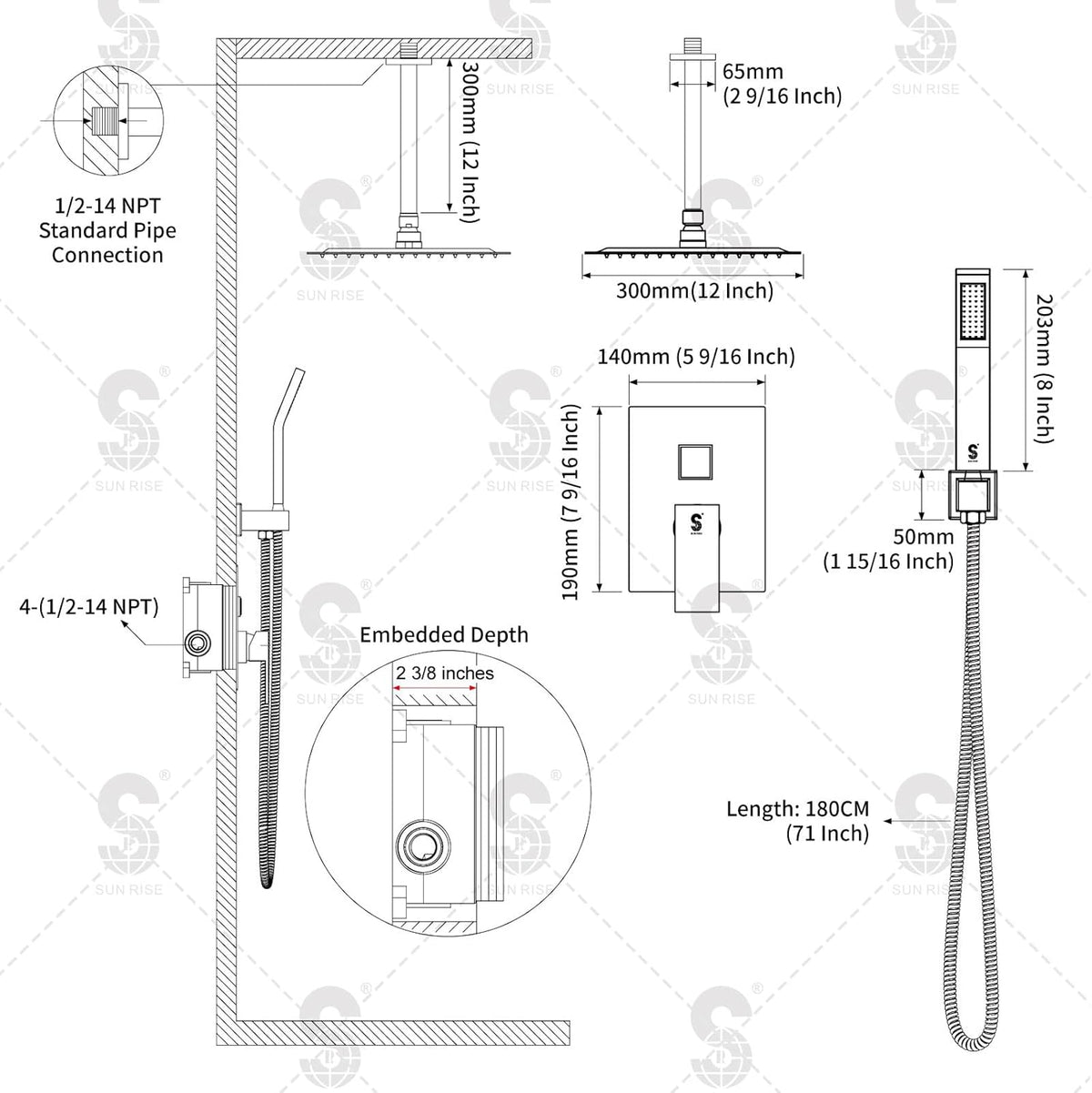 Set de dus incastrat cu para patrata de 25 cm, negru mat sau gri, cu 2 functii de curgere a apei