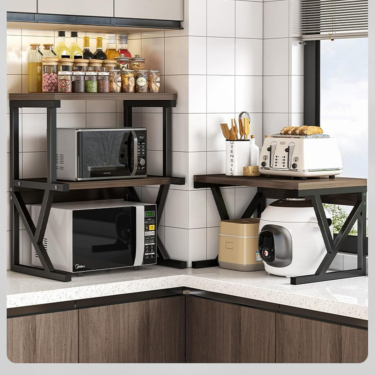 RESIGILAT - Raft univeral pentru cuptorul cu microunde, cu 2 niveluri, lemn-metal, 68.5x54x37cm