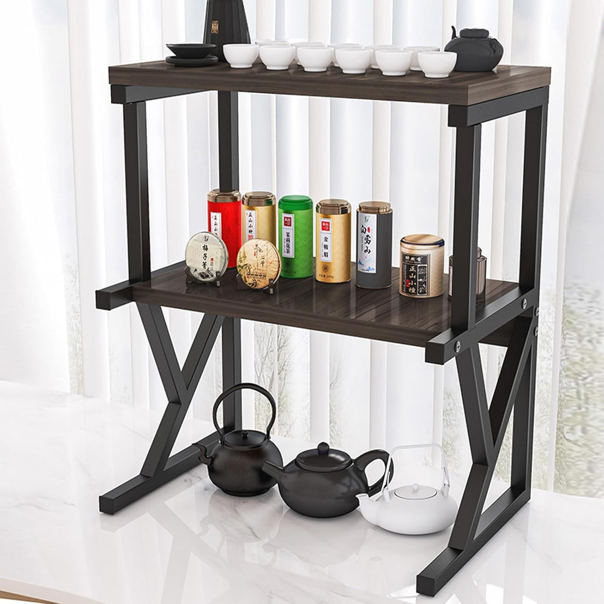 Raft Universal Bucatarie 2 Nivele Lemn si Metal – Suport pentru Cuptorul cu Microunde 68.5x54x37cm