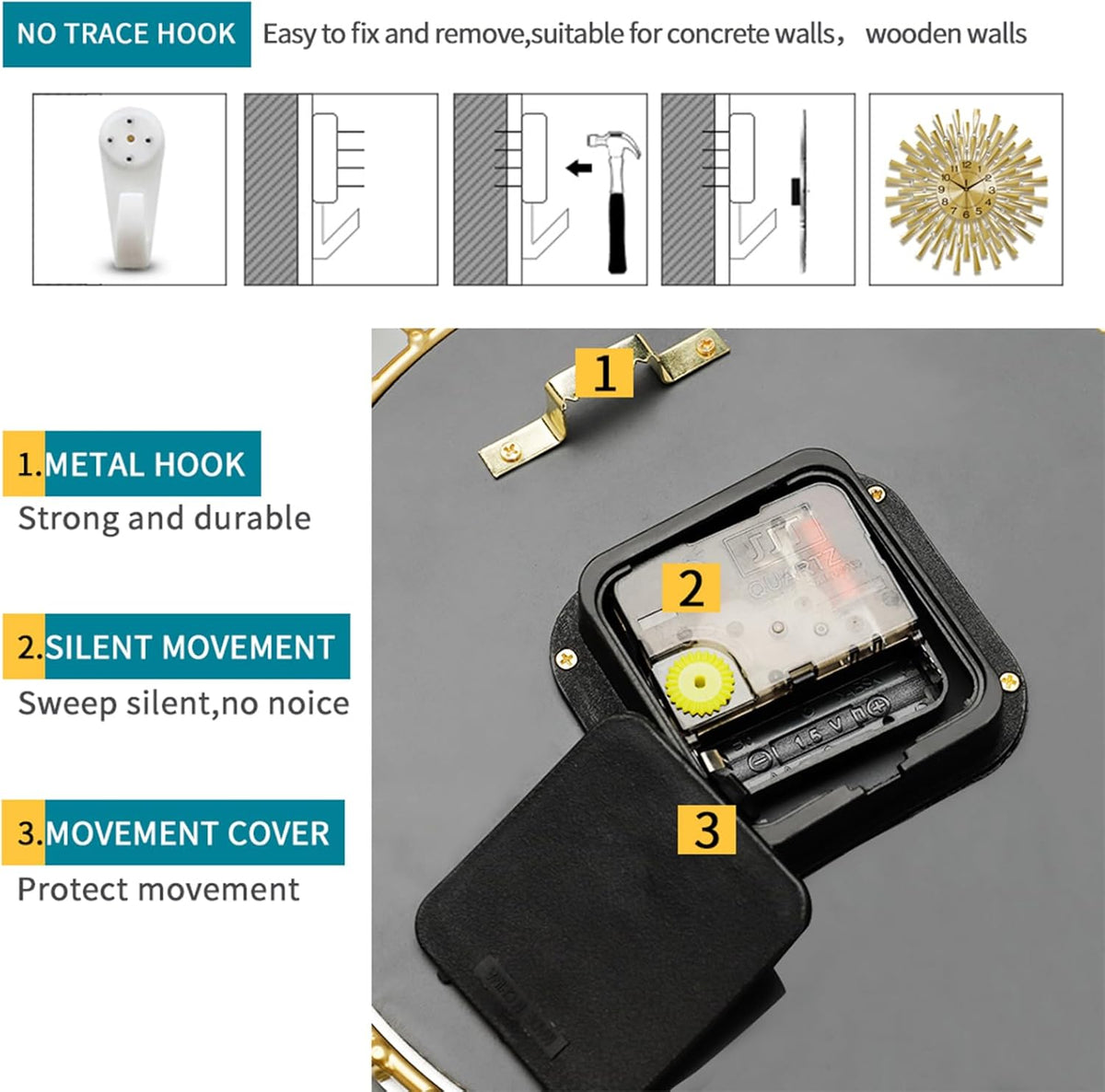 Ceas de perete modern, mare, pentru living, 60 cm, silentios, metalic, negru, cu mecanism quartz