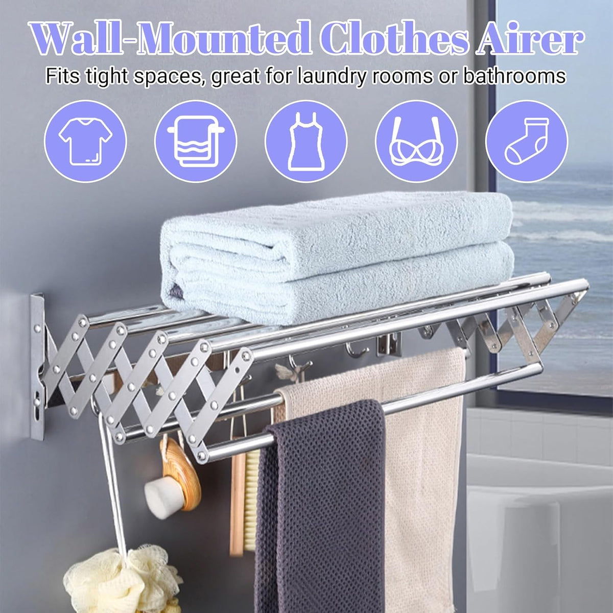 Suport pliabil pentru prosoape, inox, 7 bare, 5 carlige, 12-35.5 cm x 58 cm x 14.5 cm, argintiu