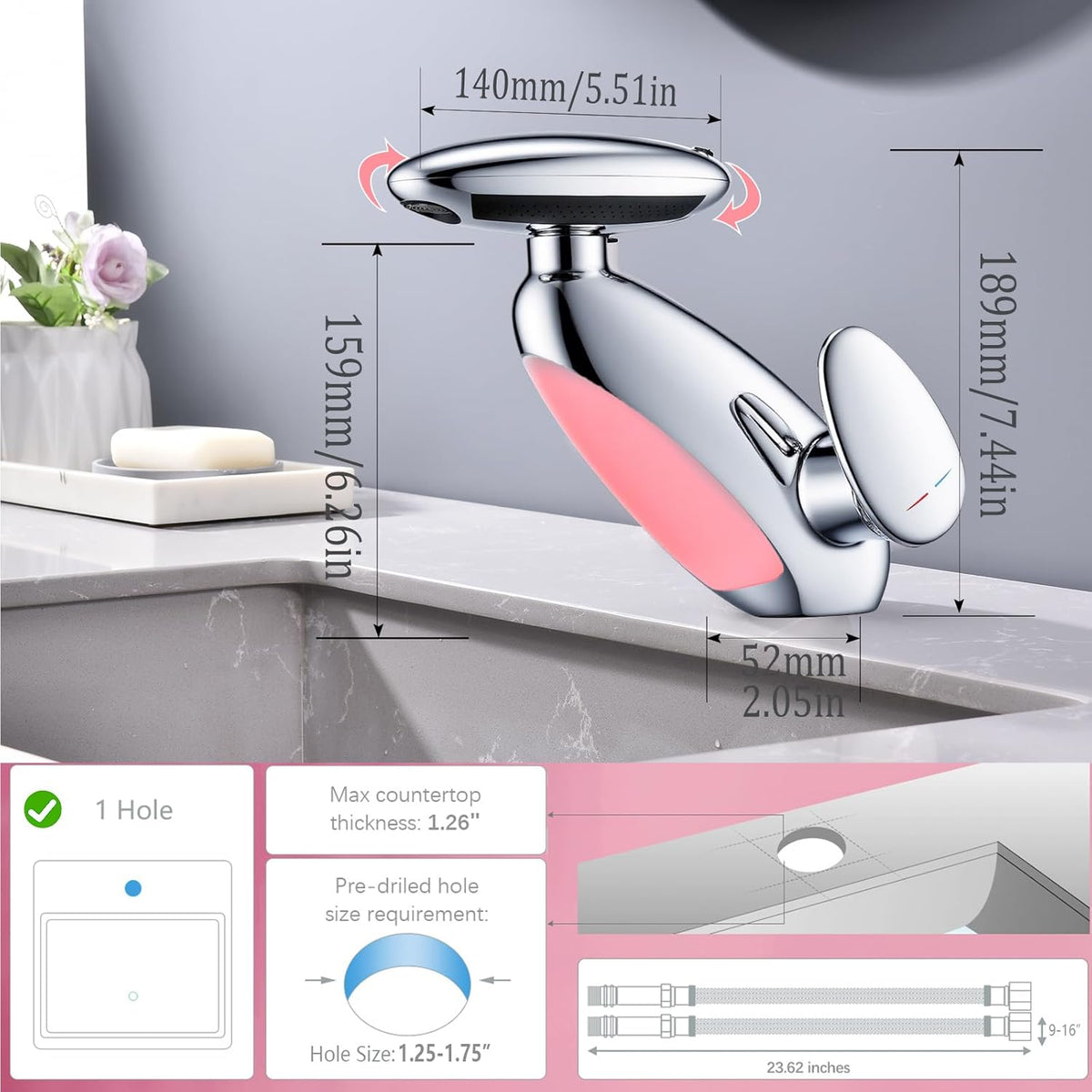 Baterie Chiuveta Baie Premium, 4 Tipuri de Jet, Cap Retractabil, Iluminare LED, Control Inteligent al Apei, Cartus Ceramic