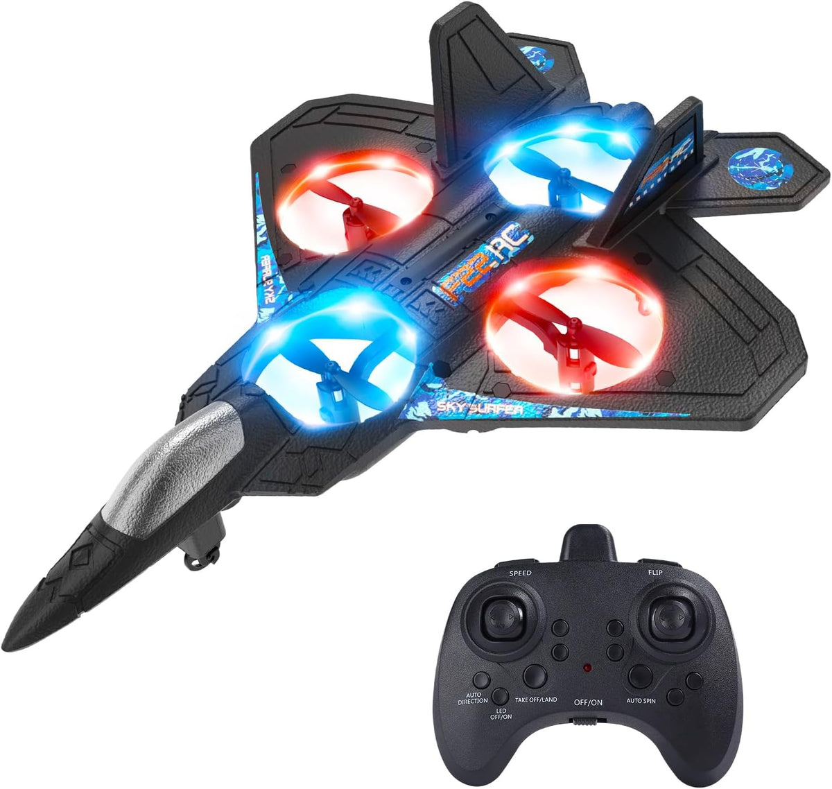 Avion cu telecomanda, acrobatii 360, lumini LED, albastru, 4.6 x 19.5 x 25.5 cm,