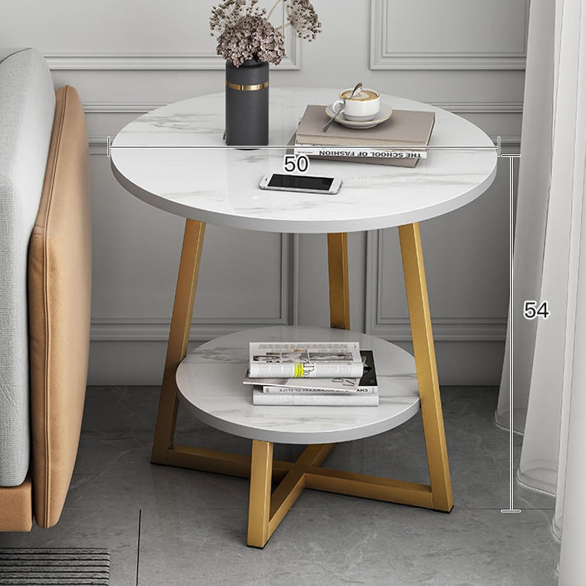 Masuta rotunda 2 niveluri cu blat tip marmura si picioare metalice incrucisate, design modern 50 X 57 CM