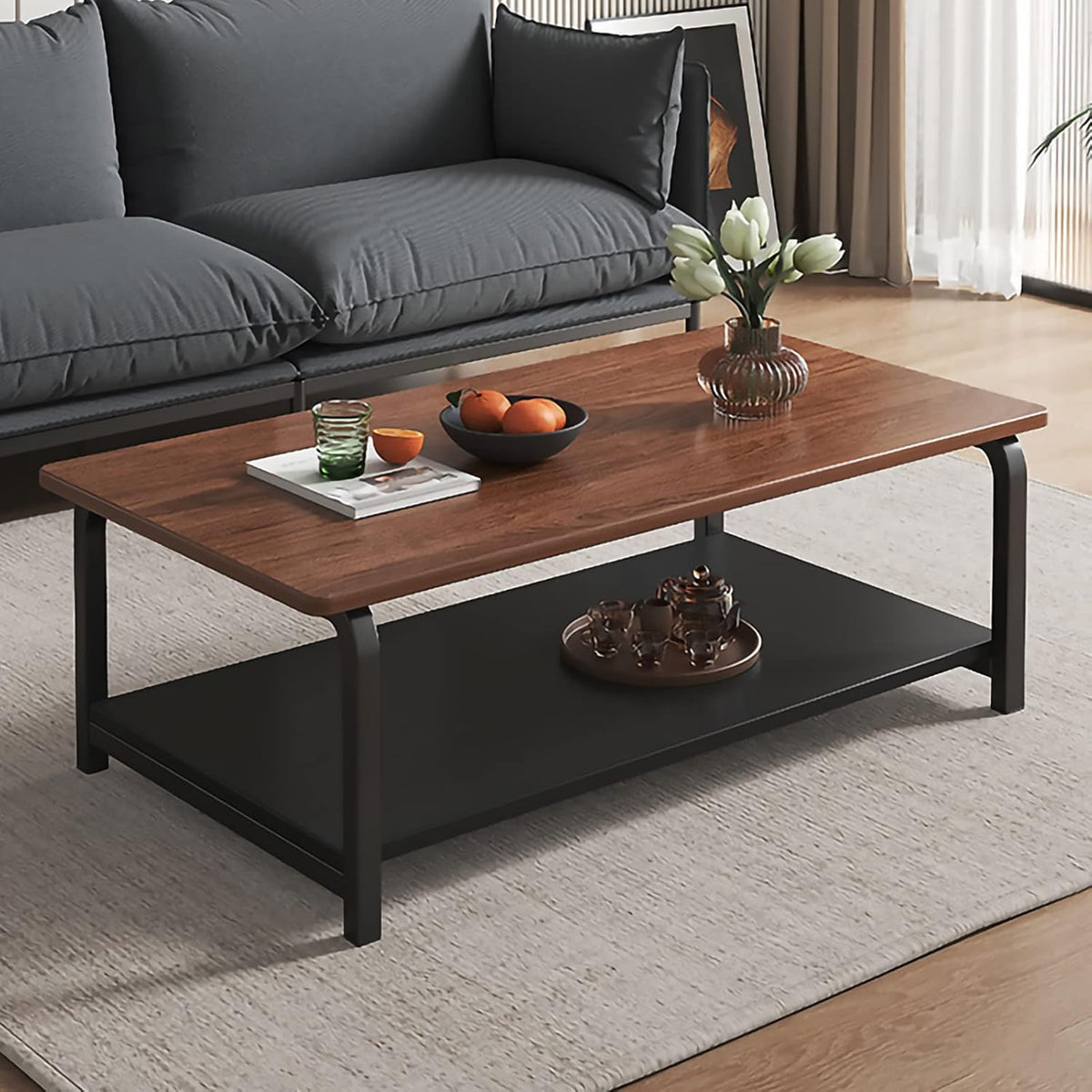 RESIGILAT - Masuta de cafea rustic-moderna, cu raft de depozitare, blat MDF, cadru metalic, 120x60x43cm