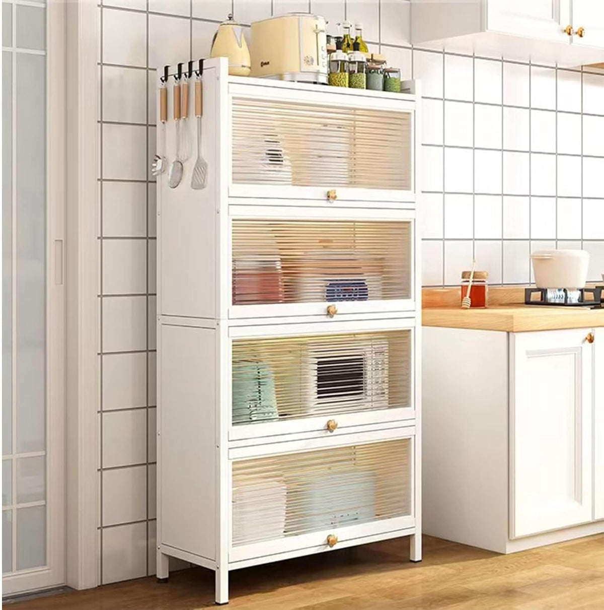 RESIGILAT - Dulap elegant pentru bucatarie, 4 rafturi, otel inoxidabil, usa cu geam cu deschidere verticala 80x32x144cm