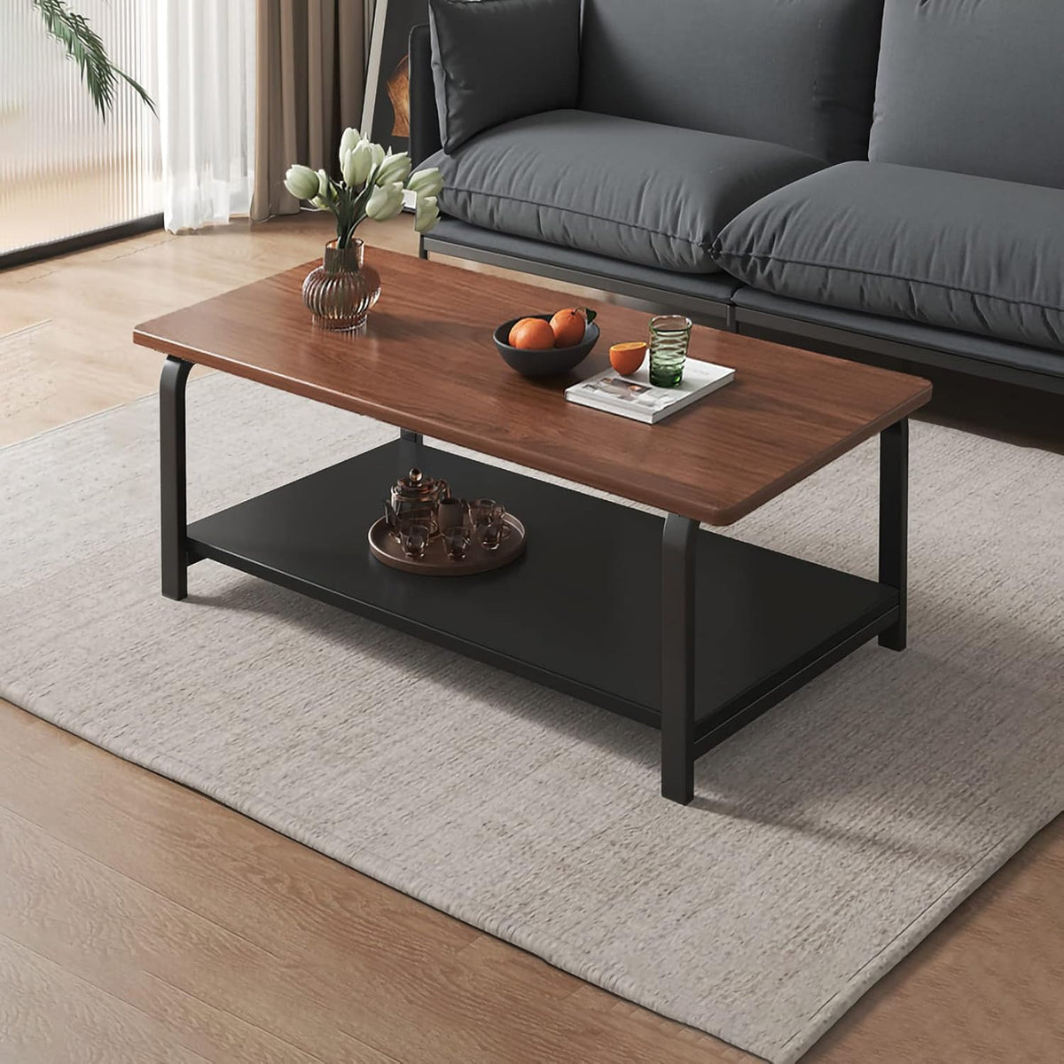 RESIGILAT - Masuta de cafea rustic-moderna, cu raft de depozitare, blat MDF, cadru metalic, 120x60x43cm