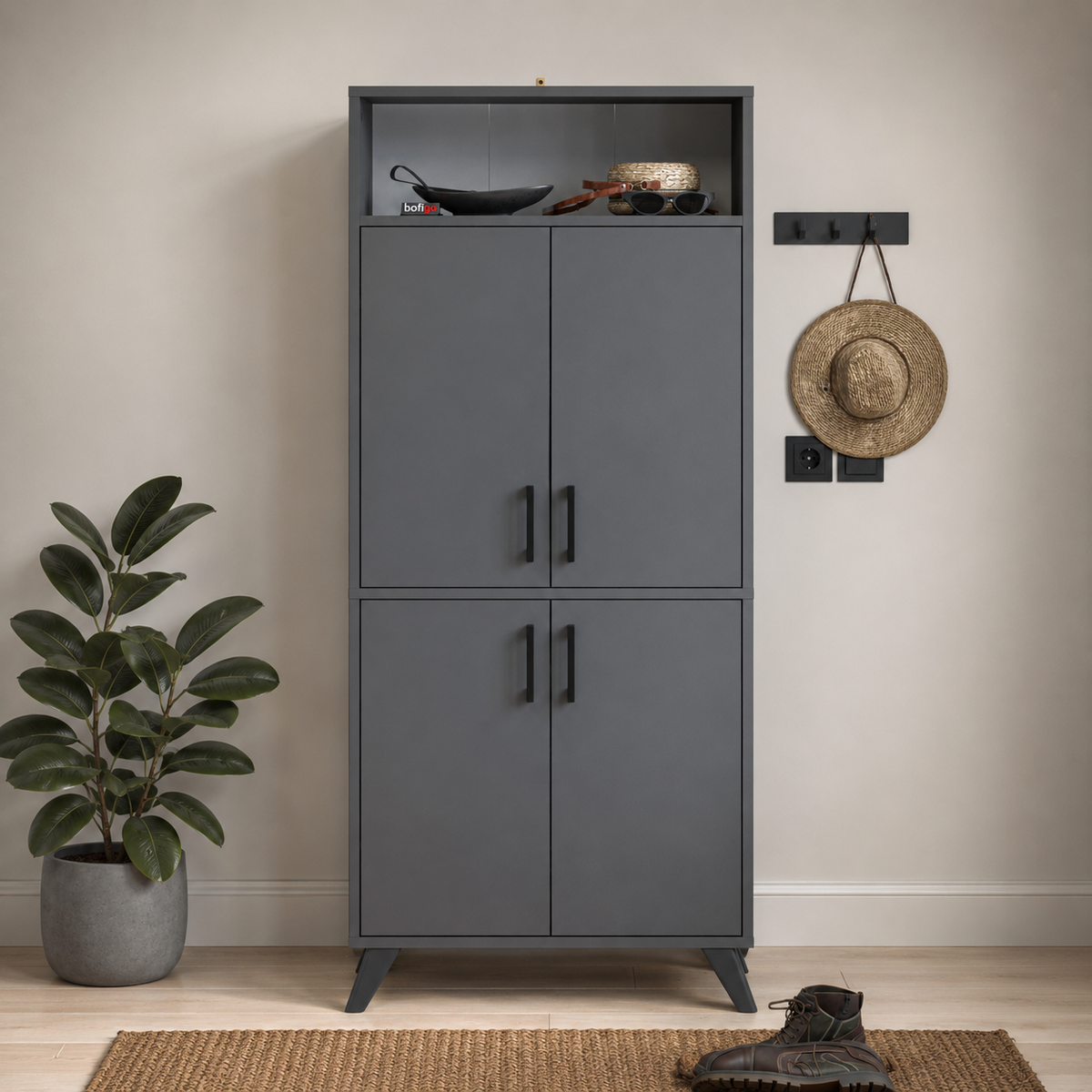 Pantofar modern 72x32x170 cm, cu 4 usi si 9 rafturi, pentru hol, intrare sau depozitare incaltaminte