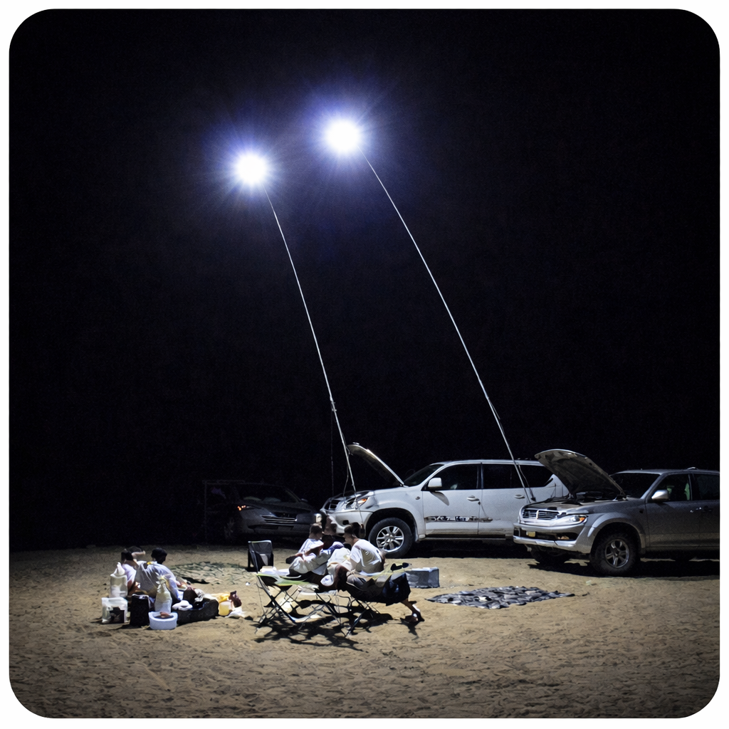 Kit Nocturna eLIVE FR-04, Proiector Camping LED 47W 4558lm, Waterproof, Brat Telescopic Ajustabil 4,5m, 3 Adaptoare 220V, Telecomanda, Geanta Transport