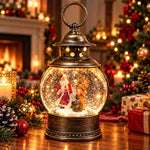 Felinar Decorativ Premium de Crăciun cu Moș Crăciun, Muzică, Lumină Caldă LED și Efect de Ninsoare – 20 × 11 cm