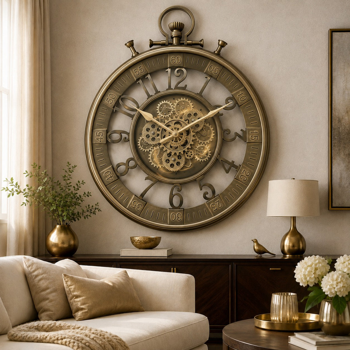 Ceas de Perete Premium Industrial Tervalion cu Mecanism Rotativ Vizibil, Design Vintage – Diametru 60 cm - detaliu produs