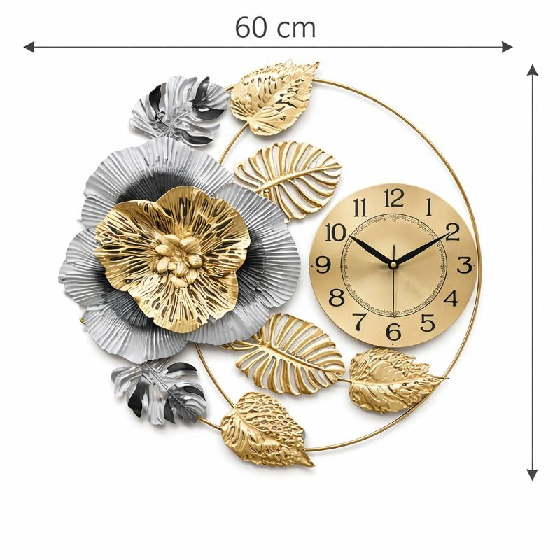Ceas de perete decorativ floral auriu argintiu, 60 cm