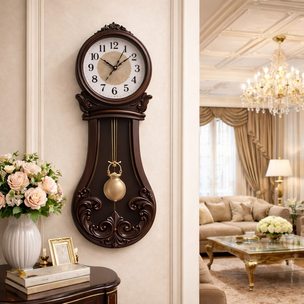 Ceas de perete cu pendul 80 cm, stil vintage, maro si alb