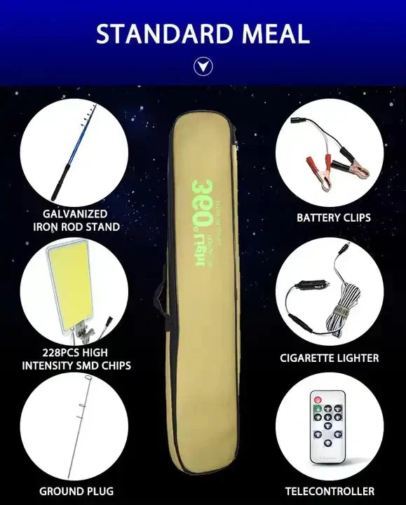 Kit Nocturna eLIVE FR-04, Proiector Camping LED 47W 4558lm, Waterproof, Brat Telescopic Ajustabil 4,5m, 3 Adaptoare 220V, Telecomanda, Geanta Transport