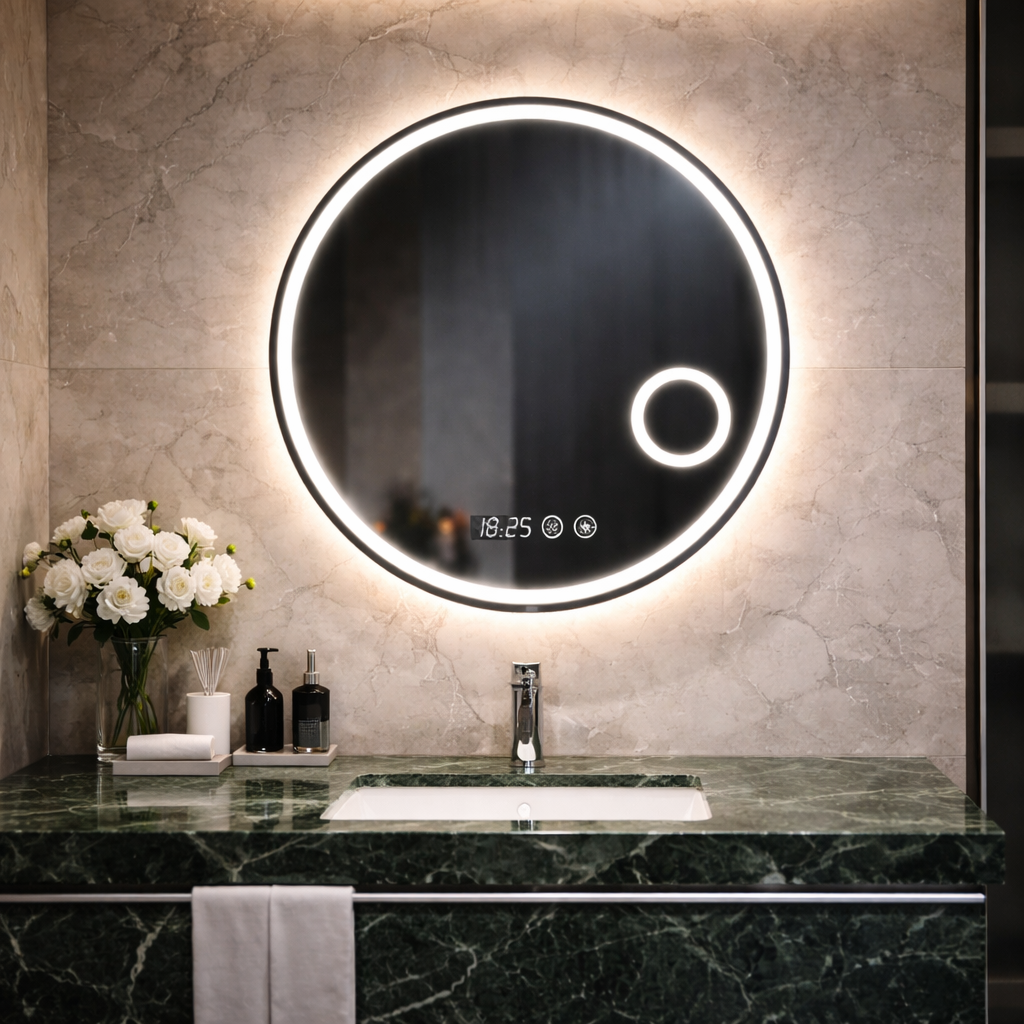 Oglinda LED Rotunda 70 cm cu Ceas, Dezaburire si Lupa Cosmetica