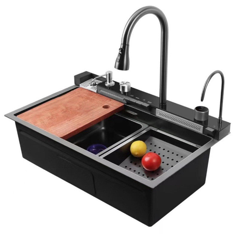 Chiuveta Bucatarie Multifunctionala Negru Grafit cu 2 Cascade, Robinet Cascada, Afisaj Digital Temperatura, Accesorii Incluse