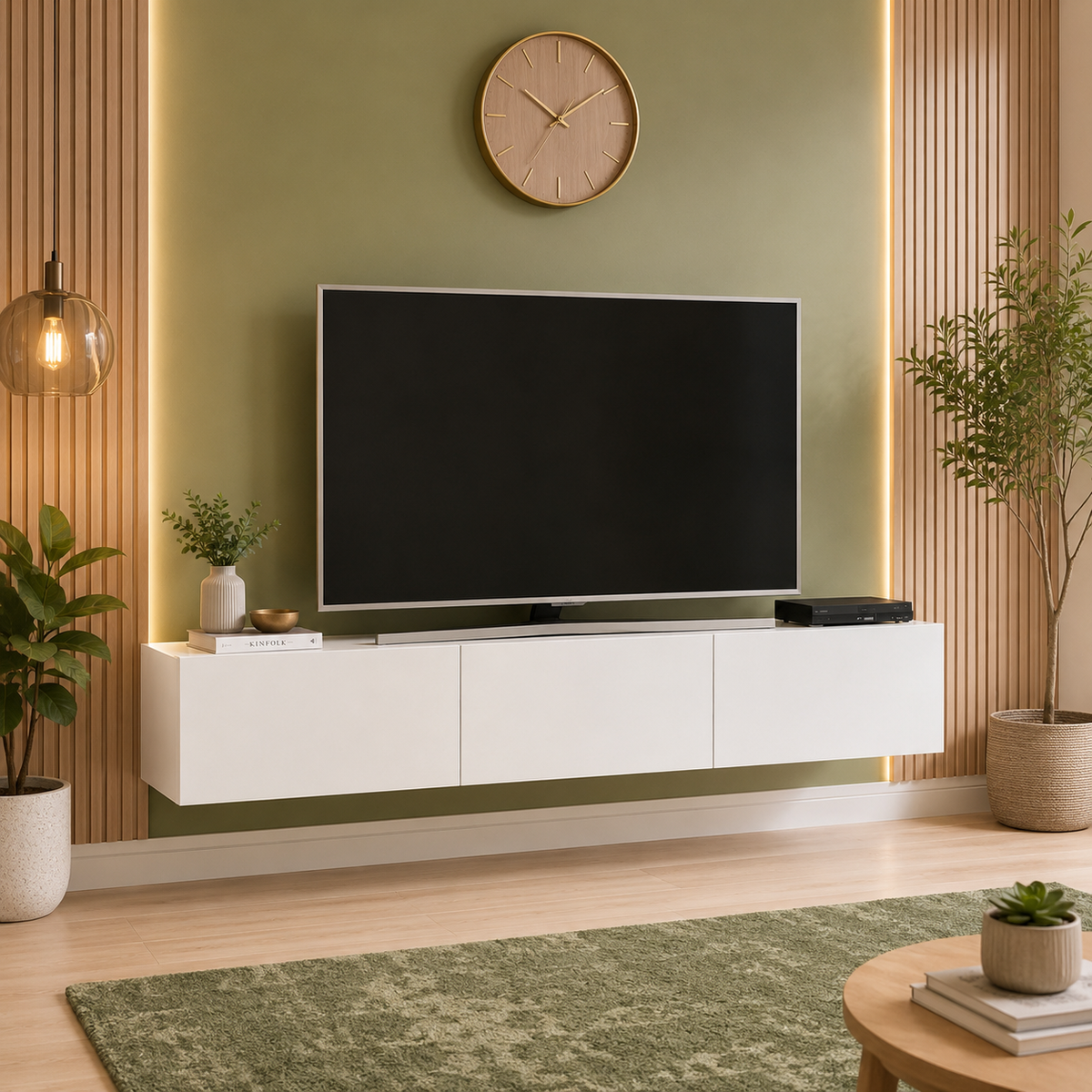 Comoda TV Marvel 180 cm, mobilier living, suport televizor mare pana la 75 inch, 3 usi rabatabile cu inchidere lina soft-close, PAL melaminat 18 mm clasa E1, pentru soundbar si consola jocuri