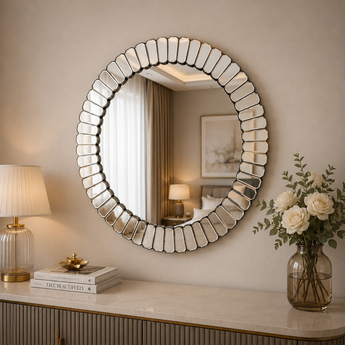 Oglinda decorativa rotunda, diametru 60 cm, rama segmentata