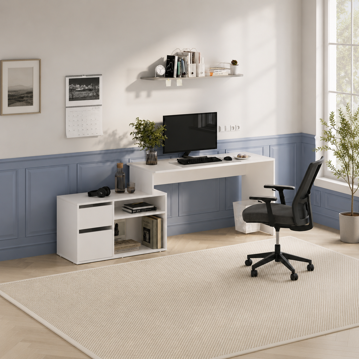 RESIGILAT - Birou modern 139x51x75 cm, cu corp de depozitare 92x40x53 cm, pentru birou, office sau home office