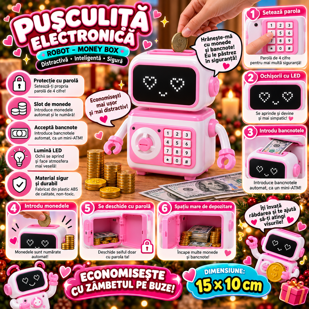 Pusculita Electronica Robot Seif Cod Cheie Lumini Muzica Jucarie Copii - detaliu produs