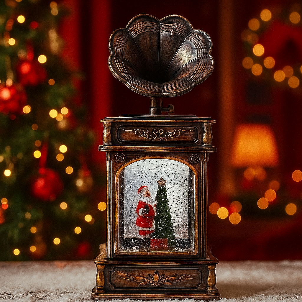 Ornament de Craciun tip gramofon, glob de cristal cu Mos Craciun si bradut, cu ventilator de zapada, muzical, din metal, Maro