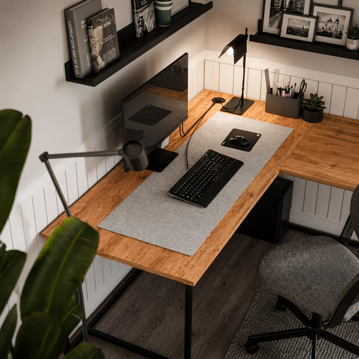 Birou de colt in forma L 140x147,8x73,8 cm, cu rafturi integrate si cadru metalic, pentru home office sau birou