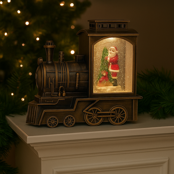 Tren Locomotiva Decorativa, Glob Craciun cu Mos Craciun, Bradut si Ninsoare, Functie Muzicala, Iluminare LED, Unibox