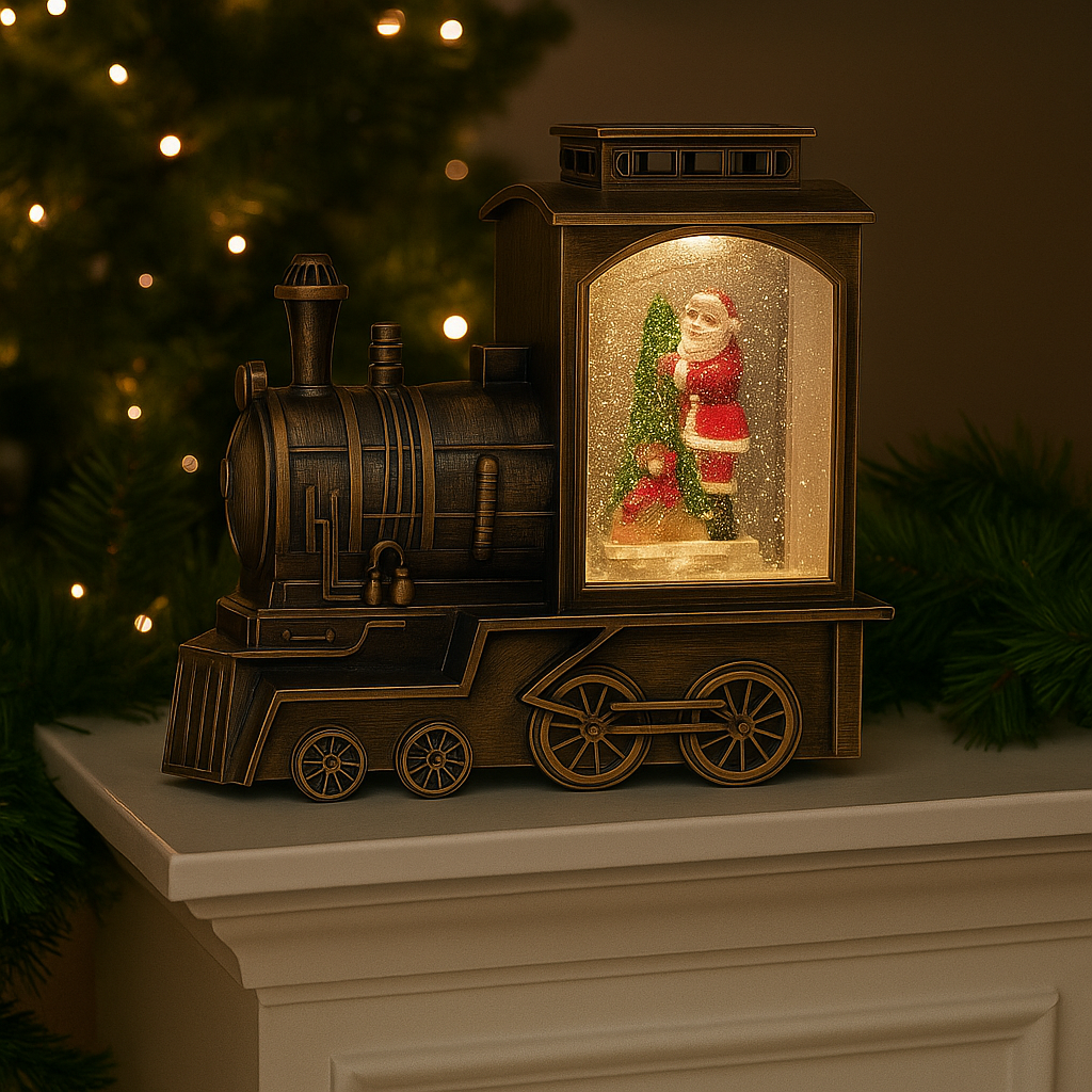 Tren Locomotiva Decorativa, Glob Craciun cu Mos Craciun, Bradut si Ninsoare, Functie Muzicala, Iluminare LED, Unibox