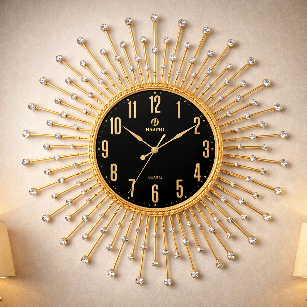 Ceas de perete decorativ auriu tip Sunburst cu cristale, 50cm