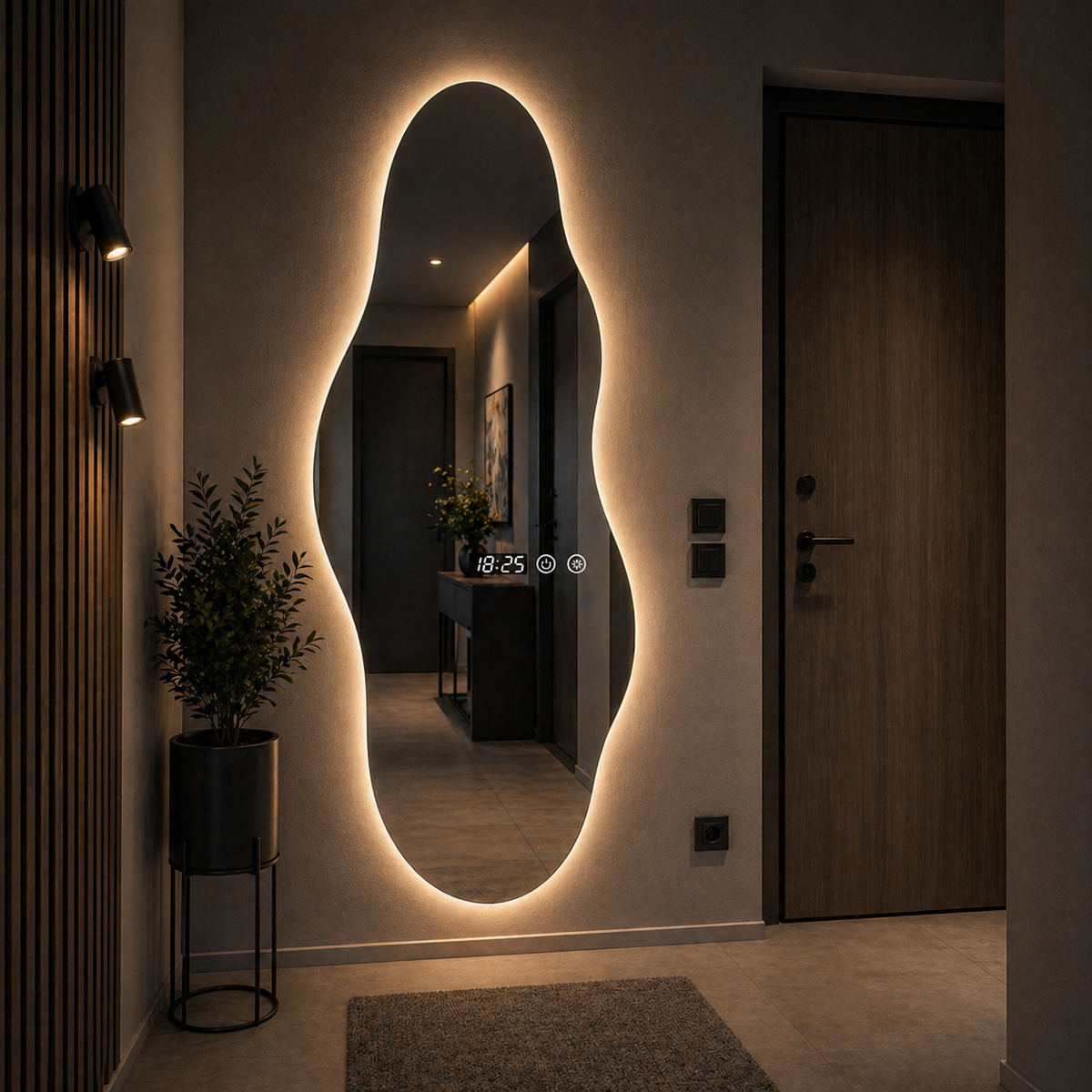 Oglinda LED forma asimetrica 55x180 cm iluminare 3 culori touch ceas digital