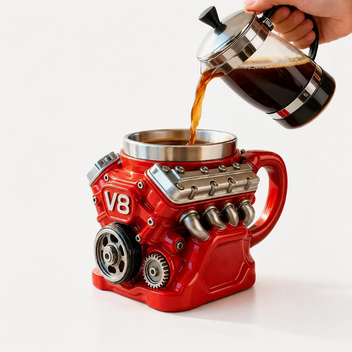 Cana V8 Engine 200 ml din otel inoxidabil cu design motor 3D mecanic