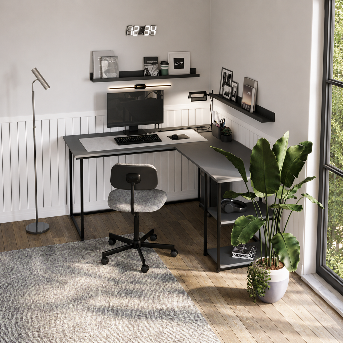 Birou de colt in forma L 140x147,8x73,8 cm, cu rafturi integrate si cadru metalic, pentru home office sau birou
