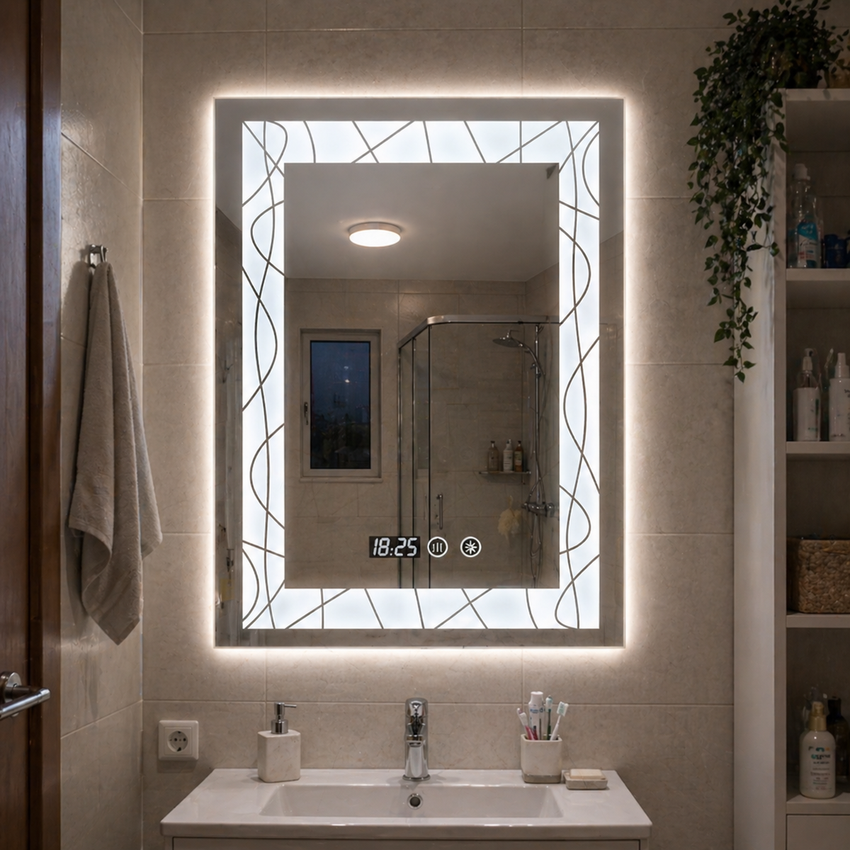Oglinda LED 70X90 cm cu margini decorative, iluminare ambientala, touch si ceas digital