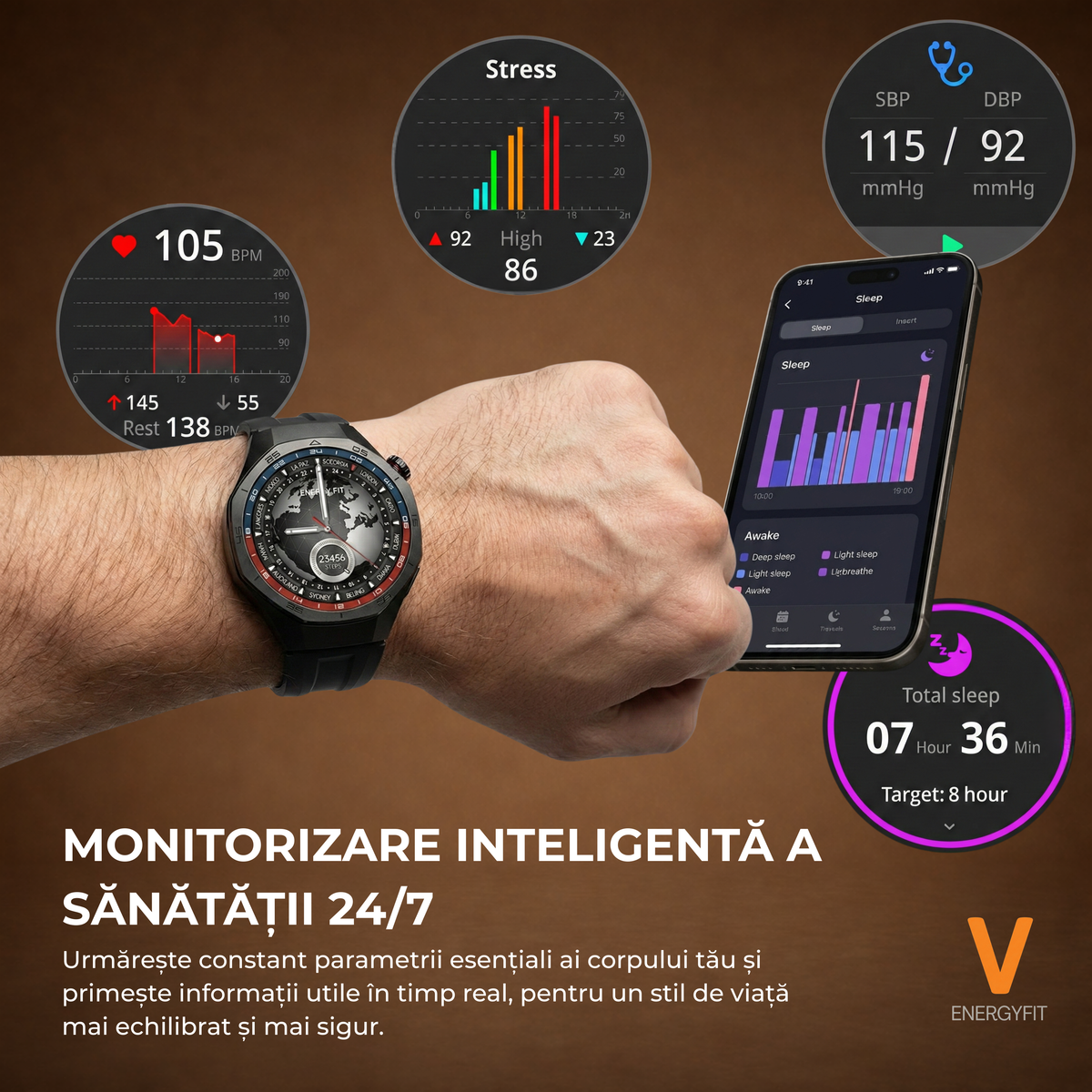 Ceas Smartwatch ENERGYFIT, Ecran AMOLED 1.43", Apel Bluetooth, ChatGPT AI, Notificari Romana, Fitness, Sport, Rezistent Apa 5ATM, Incarcare Wireless, 2 Curele, Negru