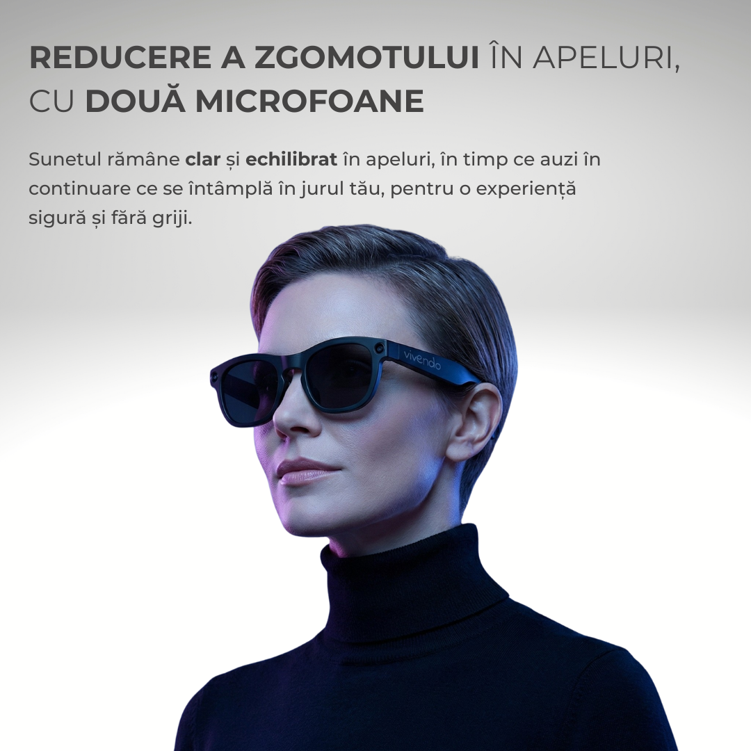Ochelari Smart VIVENDO SMART GLASSES, Camera 1080P Full HD, AI Integrat, Apeluri Bluetooth, Control Tactil, Streaming Muzica, Wi-Fi 2.4G, Microfoane Duale, Negru