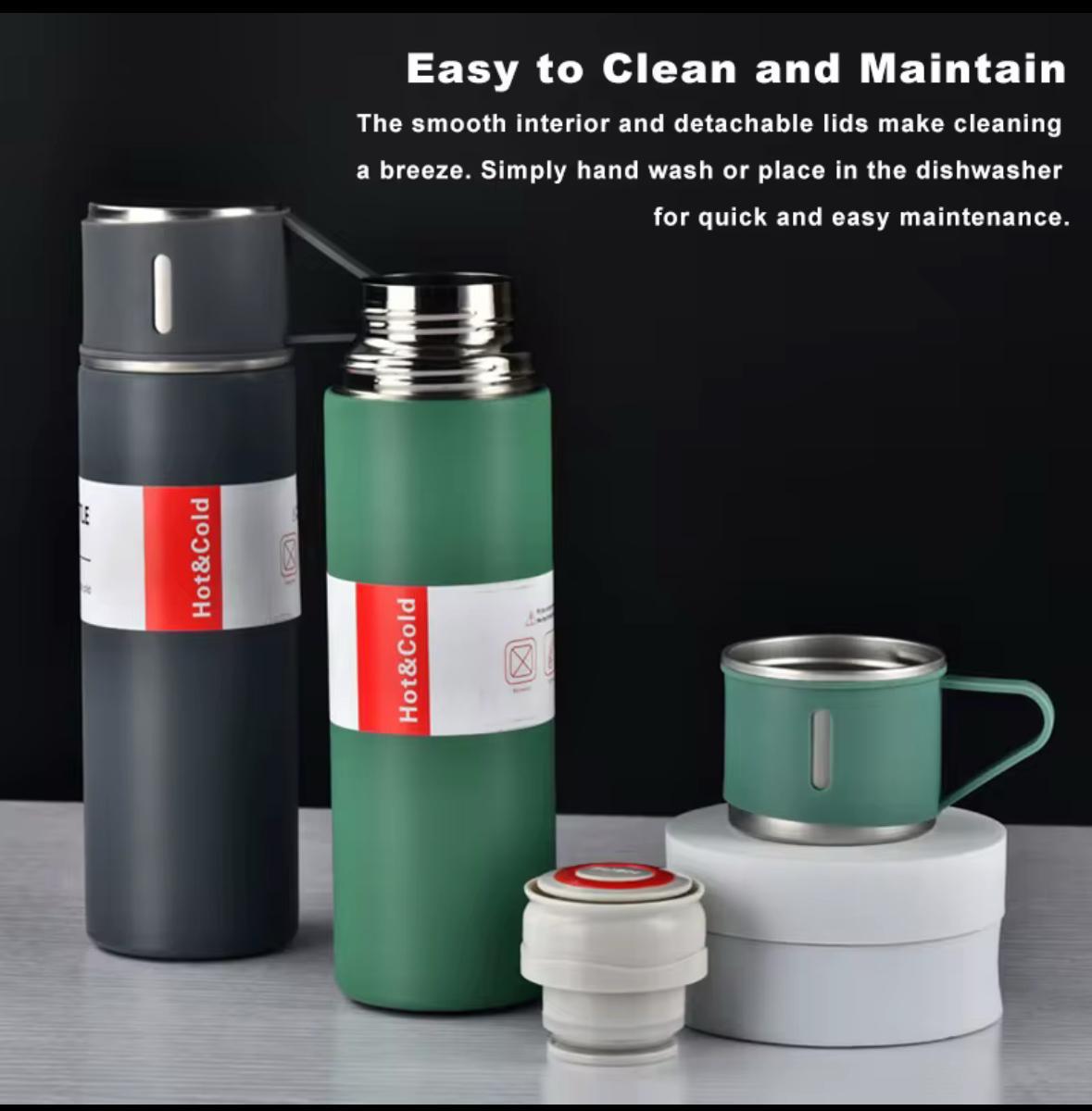 Set Cadou Termos 500ml cu 3 Cesti Inox Perete Dublu Pastreaza Bauturi Calde Reci 12 Ore Etans - detaliu produs