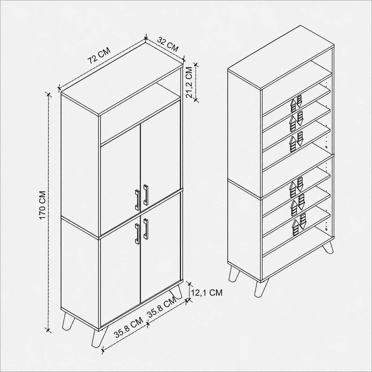 Pantofar modern 72x32x170 cm, cu 4 usi si 9 rafturi, pentru hol, intrare sau depozitare incaltaminte