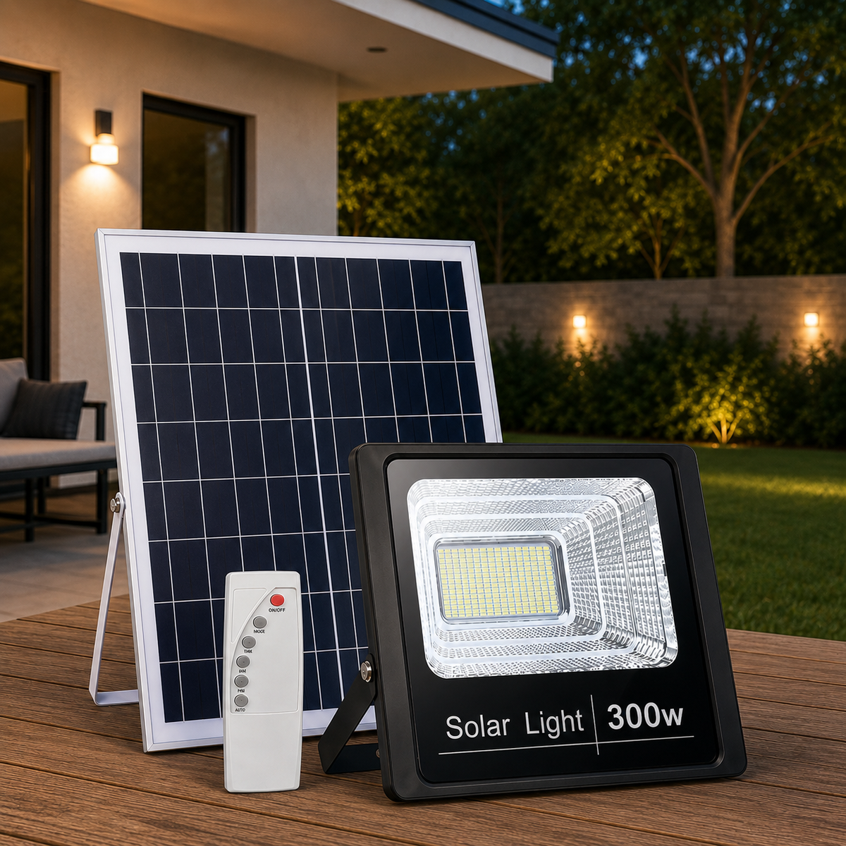 Proiector LED cu panou solar si telecomanda, IP67