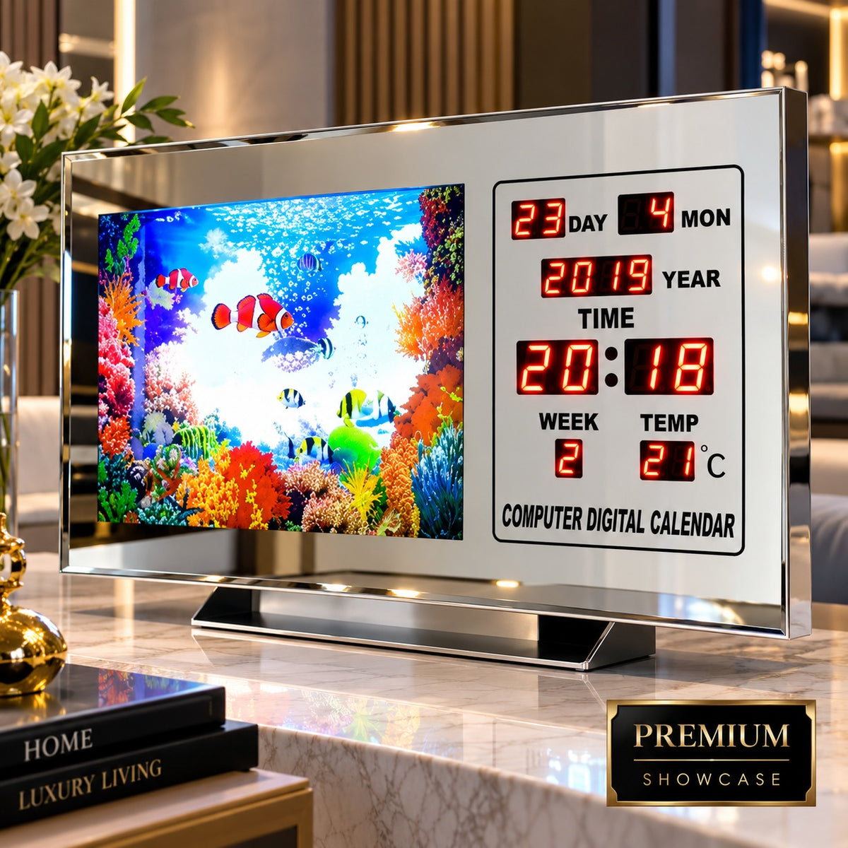 Ceas Veioza Acvariu Rotativ 936B-W cu Termometru Calendar Digital LED - imagine principala