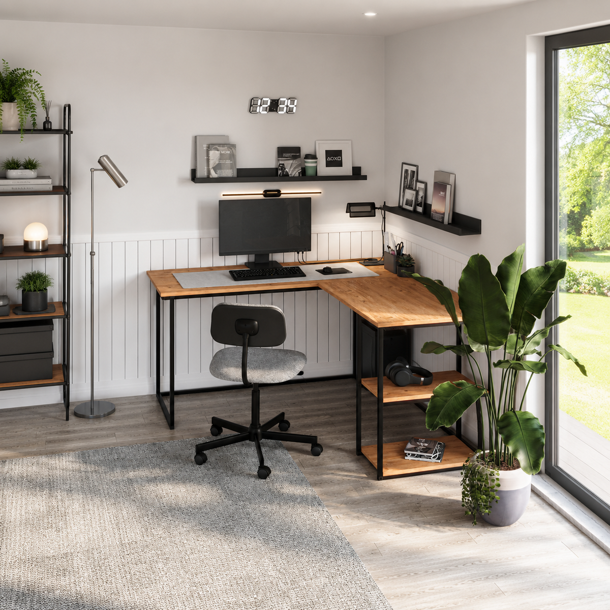 Birou de colt in forma L 140x147,8x73,8 cm, cu rafturi integrate si cadru metalic, pentru home office sau birou