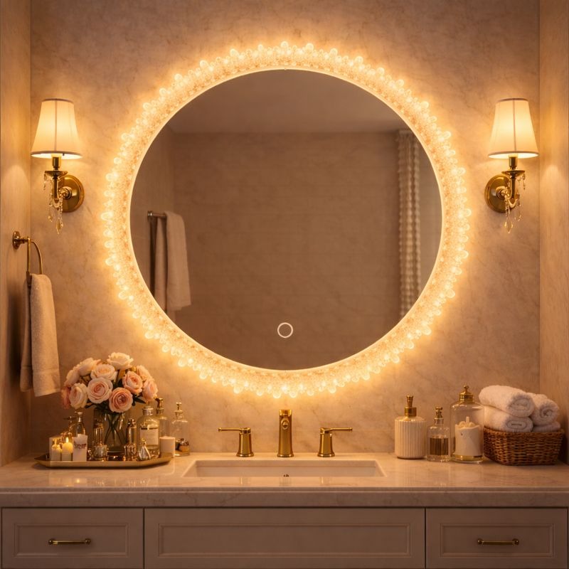 Oglinda baie LED rotunda 55 cm cu buton touch si iluminare perimetrala