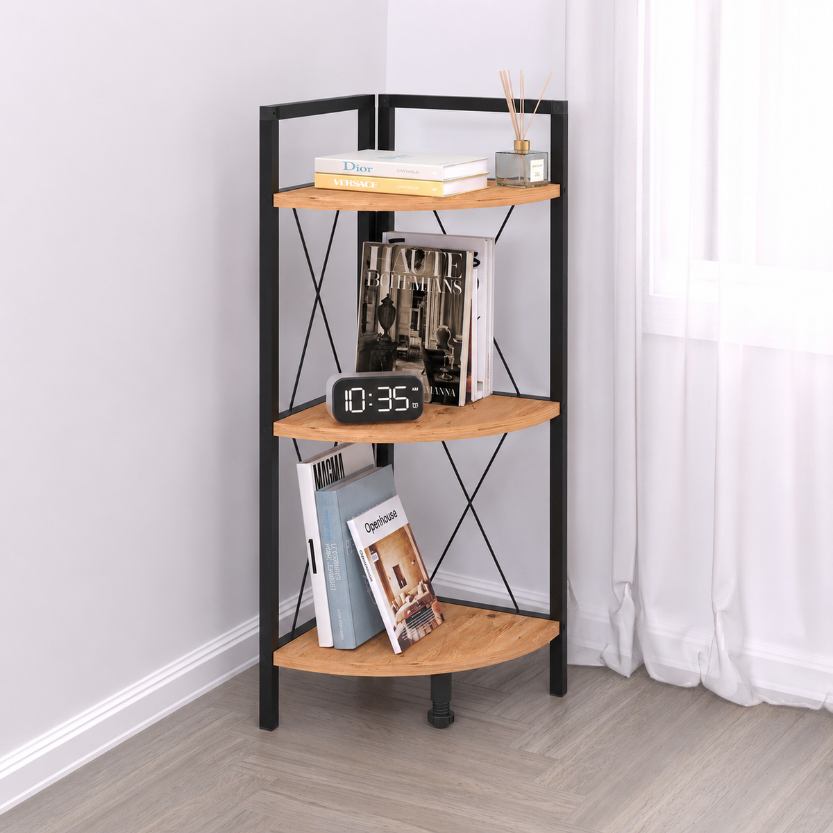 Etajera de colt din PAL si metal 33,5x33,5x87,3 cm, cu 3 rafturi, pentru living, baie sau birou